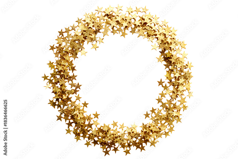 Obraz premium Golden Shiny Stars Wreath Circle Frame Border, isolated on a transparent background.