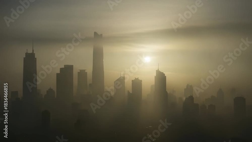 Hazy Morning City Skyline with Rising Sun and Soft Silhouettes