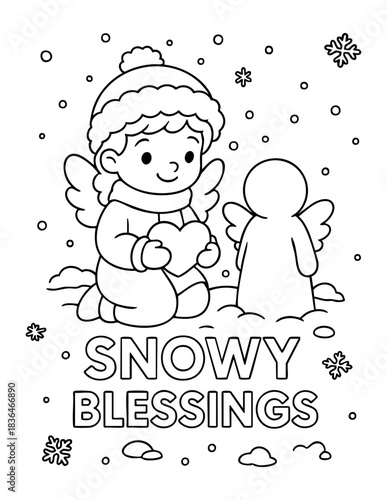child angel smiling while holding a heart in a snowy christian winter scene coloring page with text snowy blessings, artwork for children ministry, faith education, sunday school