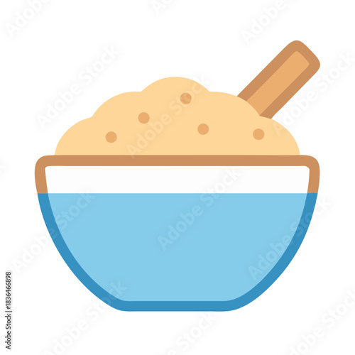 Cartoon bowl of mash with wooden utensil on white