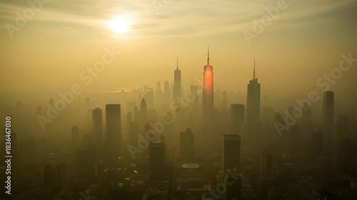 Yellow Smog City Skyline at Sunset with Glowing Tower