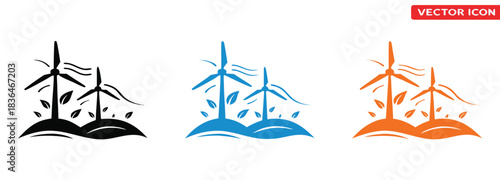 Modern wind turbines generate clean energy in nature's embrace,Wind power plant icon. Alternative energy source sign.Windmill sign vector, Wind turbine icon, silhouette. Fan turbine isolated,