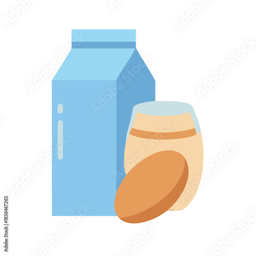 Flat illustration: Almond milk carton and glass with almond