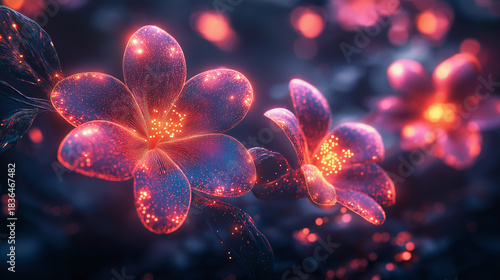 Vibrant neon flowers glowing in dark mystical garden