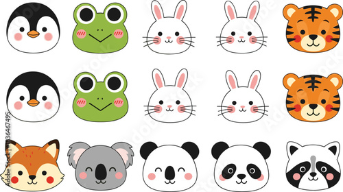 Cute Cartoon Animal Heads Vector Set Featuring Penguin, Fox, Panda, Koala, and Rabbit Faces for Children's Apparel, Stickers, and Character Design Graphics
