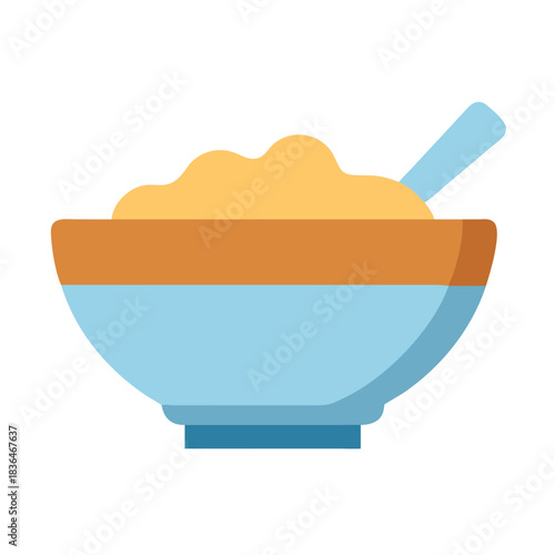 Stylized bowl of porridge with a spoon on white