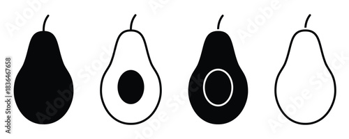 Minimal Avocado Cut Icon Set – Flat Line Art Fruit Illustration in Black on White Background
