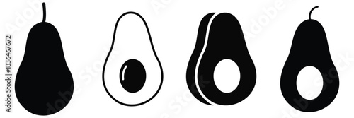 Minimal Avocado Cut Icon Set – Flat Line Art Fruit Illustration in Black on White Background