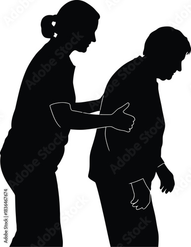 Silhouette of a caregiver assisting an elderly or disabled person with walking