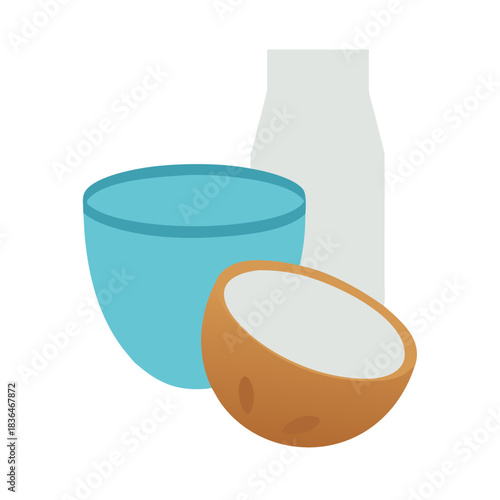Minimalist still life of coconut milk bowl and bottle