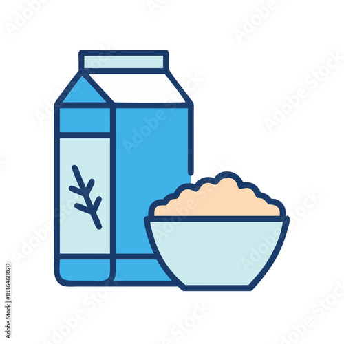Milk carton and cereal bowl flat vector illustration
