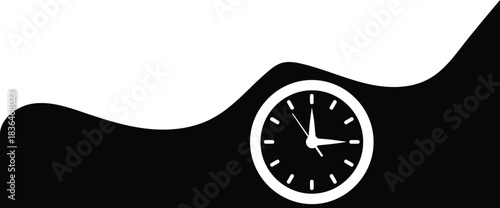 Clock Icon Revealing Time with Trendy Design Element and Wave Like Shape on Dark Backdrop with Space for Text and Modern Timepiece with Pointer