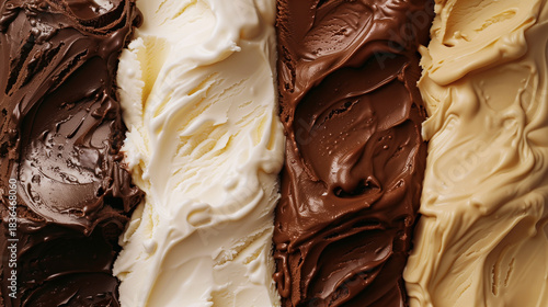 creamy swirls of vanilla, caramel and chocolate ice cream captured in ultra-close macro view with rich glossy texture, ideal for dessert packaging, food banners, recipe blogs, sweet product ads