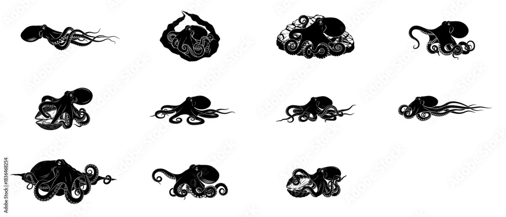 Fototapeta premium calligraphy of the deep an icon set exploring the octopuss fluid grace, isolated on transparent background