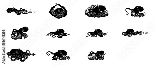 calligraphy of the deep an icon set exploring the octopuss fluid grace, isolated on transparent background