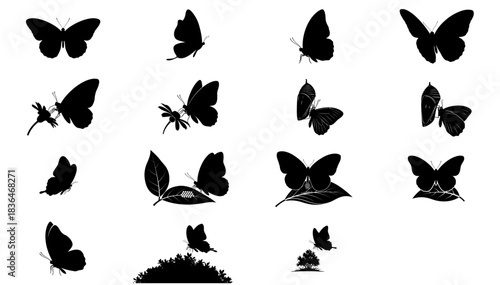 a flutter of ink graphic butterfly silhouettes for lifes delicate transitions set, isolated on transparent background