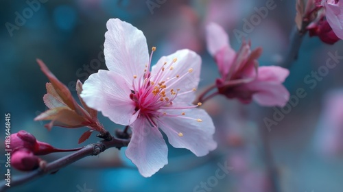 Delicate cherry blossoms with soft pink petals flourish during springtime. The flowers are surrounded by fresh green leaves creating a tranquil atmosphere in a garden.