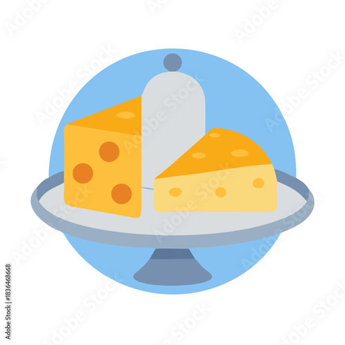 Cartoon cheese wedges on a platter under glass dome