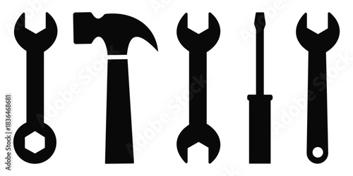 Crossed Hammer and Wrench Silhouette Set – Essential Repair and Construction Tools Black 
Vector Icons