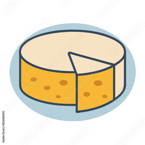 Isometric cheese wheel with slice removed on solid background