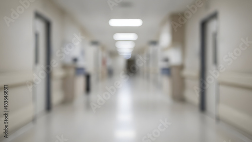 Blurred photo of a bright and clean hospital corridor interior with modern medical facility design and sterile white lighting