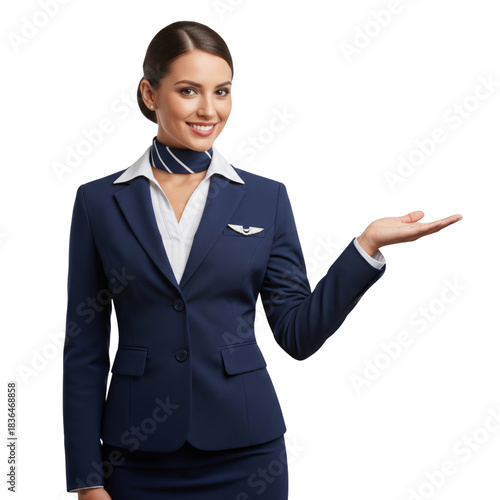 Flight attendant in uniform standing welcoming isolated on white