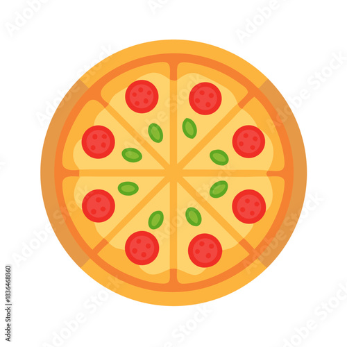 Stylized pepperoni pizza with green peppers against black backdrop