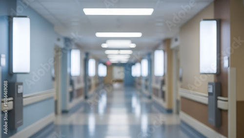 Blurred photo of an empty medical corridor in a modern hospital with sterile environment, symmetrical perspective, and clinical architecture