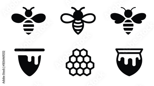Black Bee And Honey Pot Icons insect honeycomb