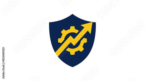 Shield with Gears and Upward Arrow Symbolizing Protected Industrial Growth and Business Progress