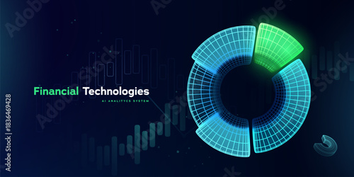 Business Data Analytics. Financial Growth. Fintech Analytics Dashboard With Futuristic Circular Data Chart In Neon Blue And Green For Finance, Investment, And AI Insights. Vector Illustration