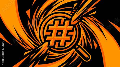 Dynamic Hashtag Search Symbol on an Abstract Orange and Black Background