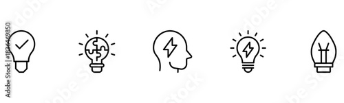 Light vector web line icons depicting light bulbs, ideas, innovation, creativity, and illumination for inspired thinking and solutions.