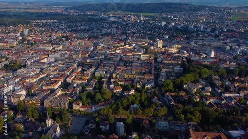 Aerial panorama view around the old town of Biel/Bienne in Switzerland on a sunny day in summer.