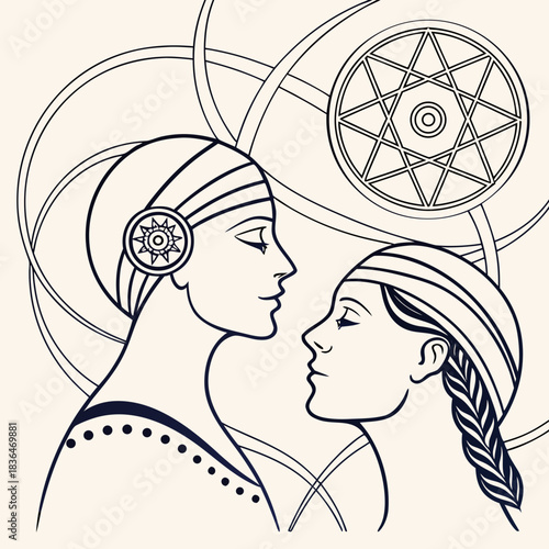 Two elegant women in profile with stylized headdresses and decorative elements set against a backdrop of abstract geometric shapes and a celestial star motif