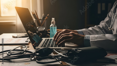 Photo of health professional using laptop at clinic table with sunlight shining on it