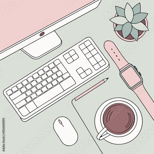A stylish and modern flat lay of a computer monitor keyboard mouse smartwatch coffee cup succulent plant and pen on a desk