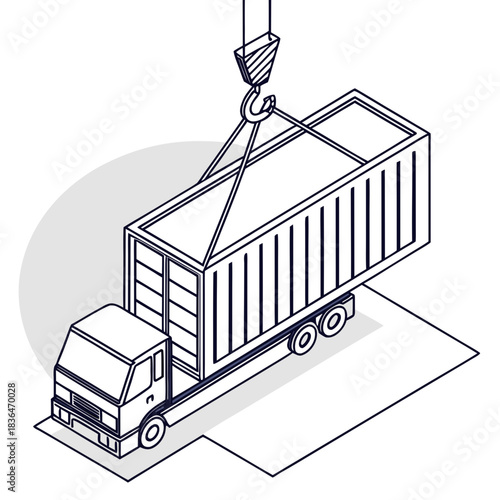 Isometric line art illustration of a crane lifting a shipping container onto a truck for logistics and transportation services
