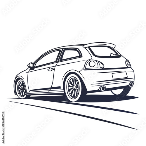 Dynamic rear view of a modern three door hatchback sports car with a spoiler and custom wheels leaving tire tracks on a white background