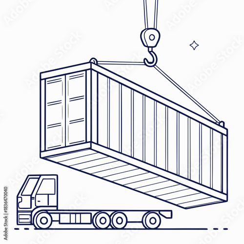 A shipping container is being lifted by a crane and lowered onto a truck trailer for transportation and logistics