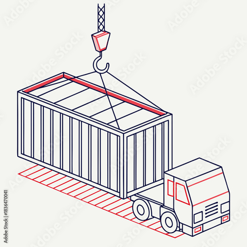 Isometric illustration of a crane lifting a shipping container onto a truck symbolizing logistics and cargo transport in a clean line art style