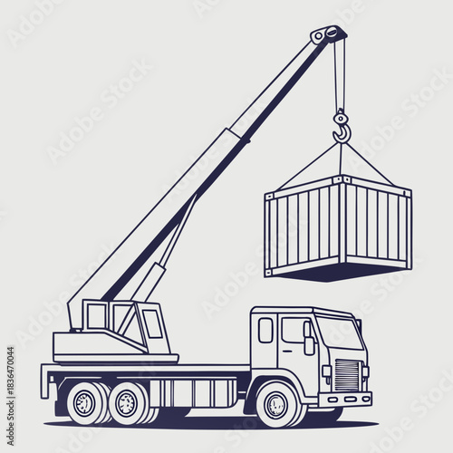 A simplified line art illustration of a mobile crane truck lifting a shipping container with its boom extended and hook attached against a plain background
