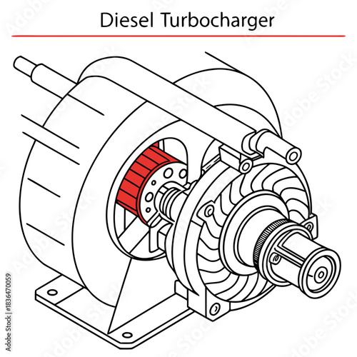 Detailed isometric line drawing illustration of a diesel turbocharger component with a highlighted red section showcasing its internal mechanics and engineering design