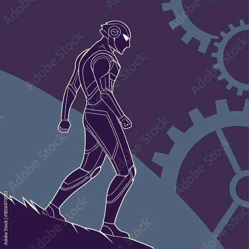 A stylized outline of a futuristic cyborg or robot walking forward on a rocky incline with large gears in the background representing technology and progress