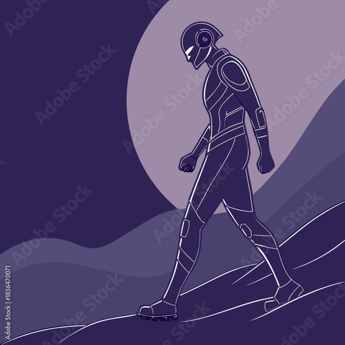 Futuristic android figure walking across a moonlit landscape with a large celestial body in the background representing a journey or exploration