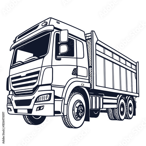 A detailed line art illustration of a modern dump truck seen from a low angle perspective against a white background