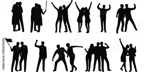 Excited People silhouettes set isolated flat vector illustration on white background.Vector art of silhouettes of people in various poses, isolated on white background
