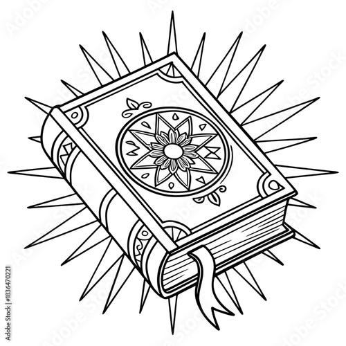 An ancient mystical book with a sunburst emanating from its cover symbolizing knowledge and magic presented as a clean line art illustration