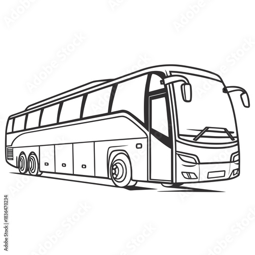 A simple black and white line art illustration of a modern long distance passenger coach bus with multiple windows and wheels presented on a white background