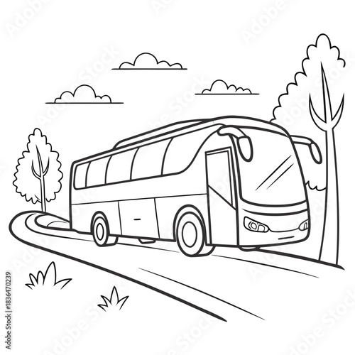 A simple black and white line drawing illustration of a modern passenger bus driving on a road surrounded by trees and clouds perfect for coloring pages and educational materials